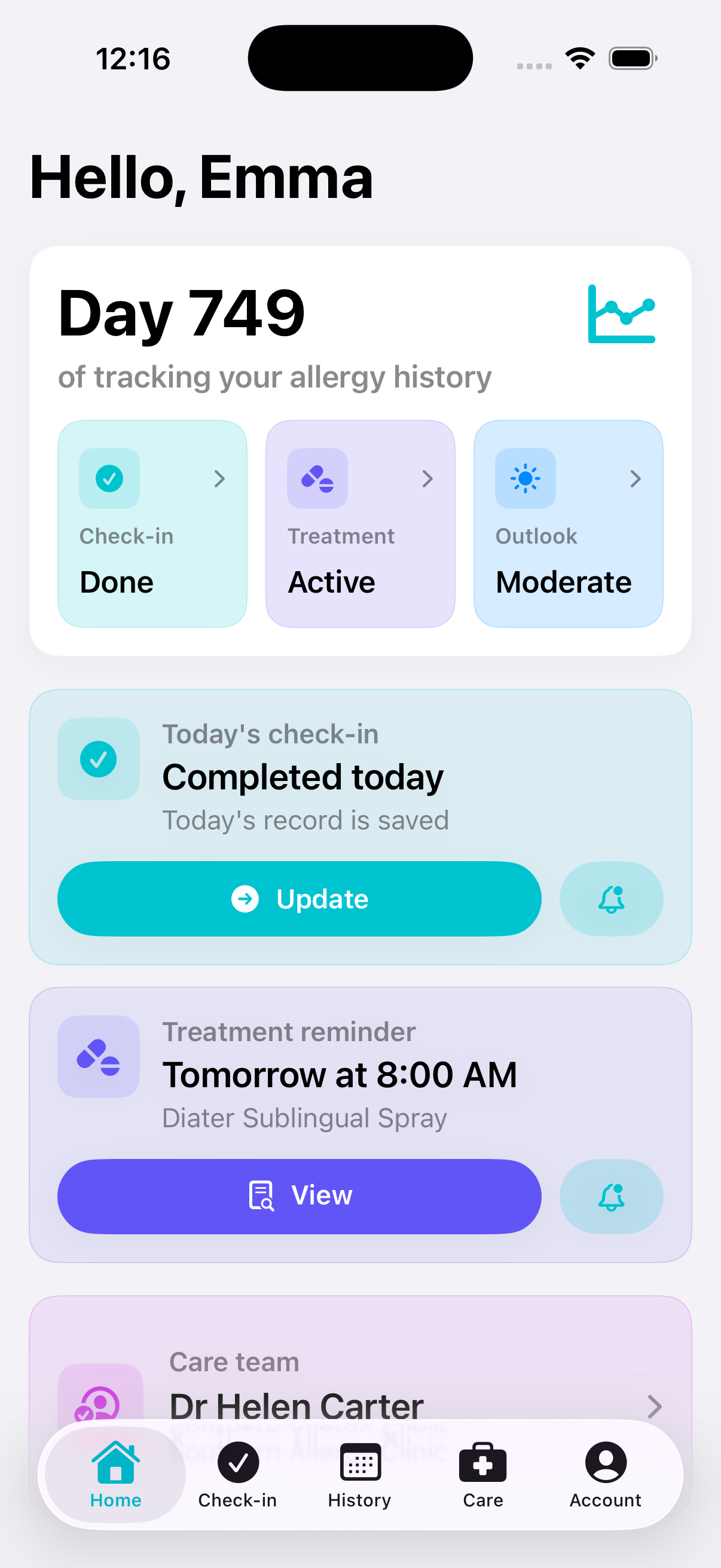 Illustrative AllerLoop patient app home screen